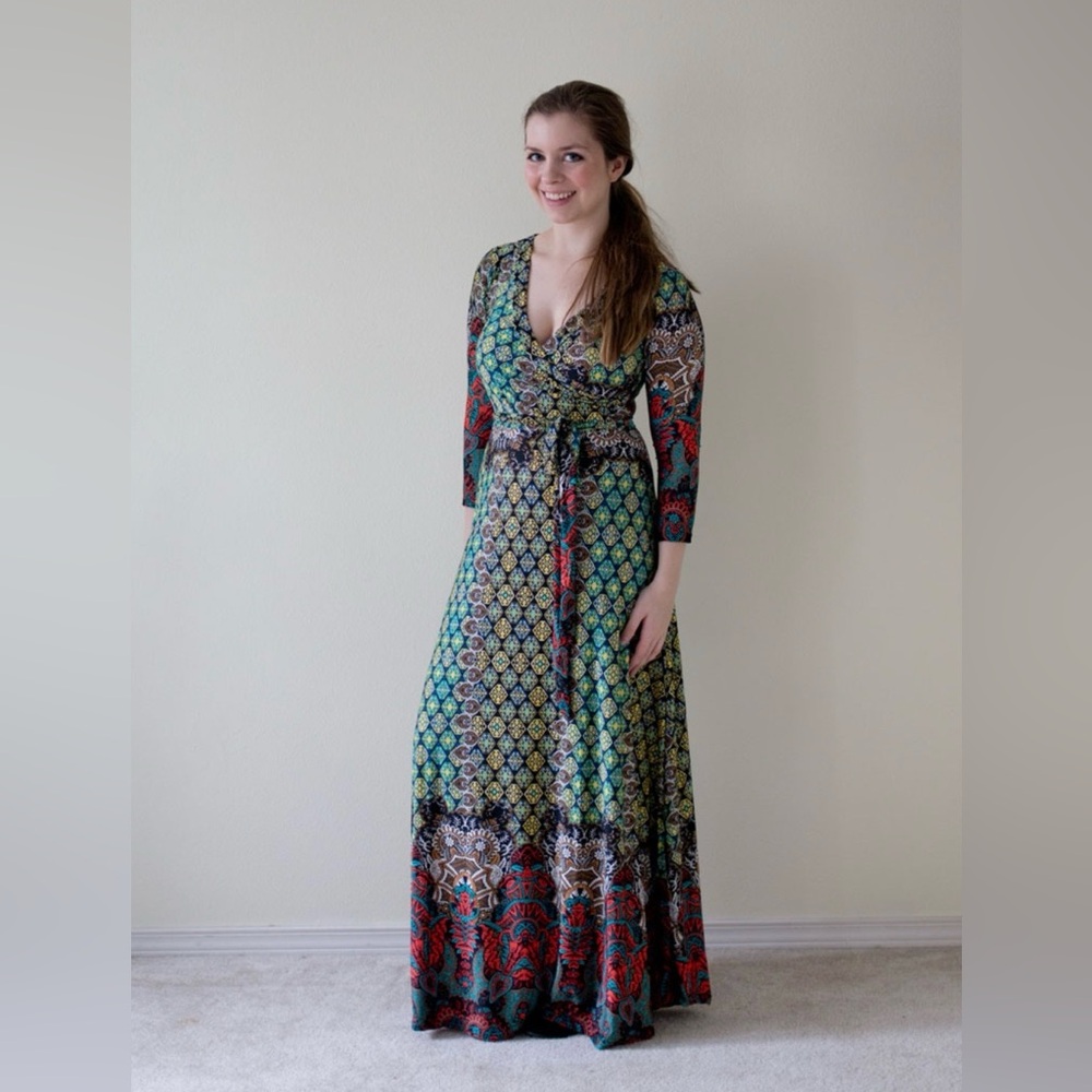 Moroccan Boho Faux Wrap Maxi Dress 🌿 | V-Neck | Belted | Statement Print - Picture 8 of 15